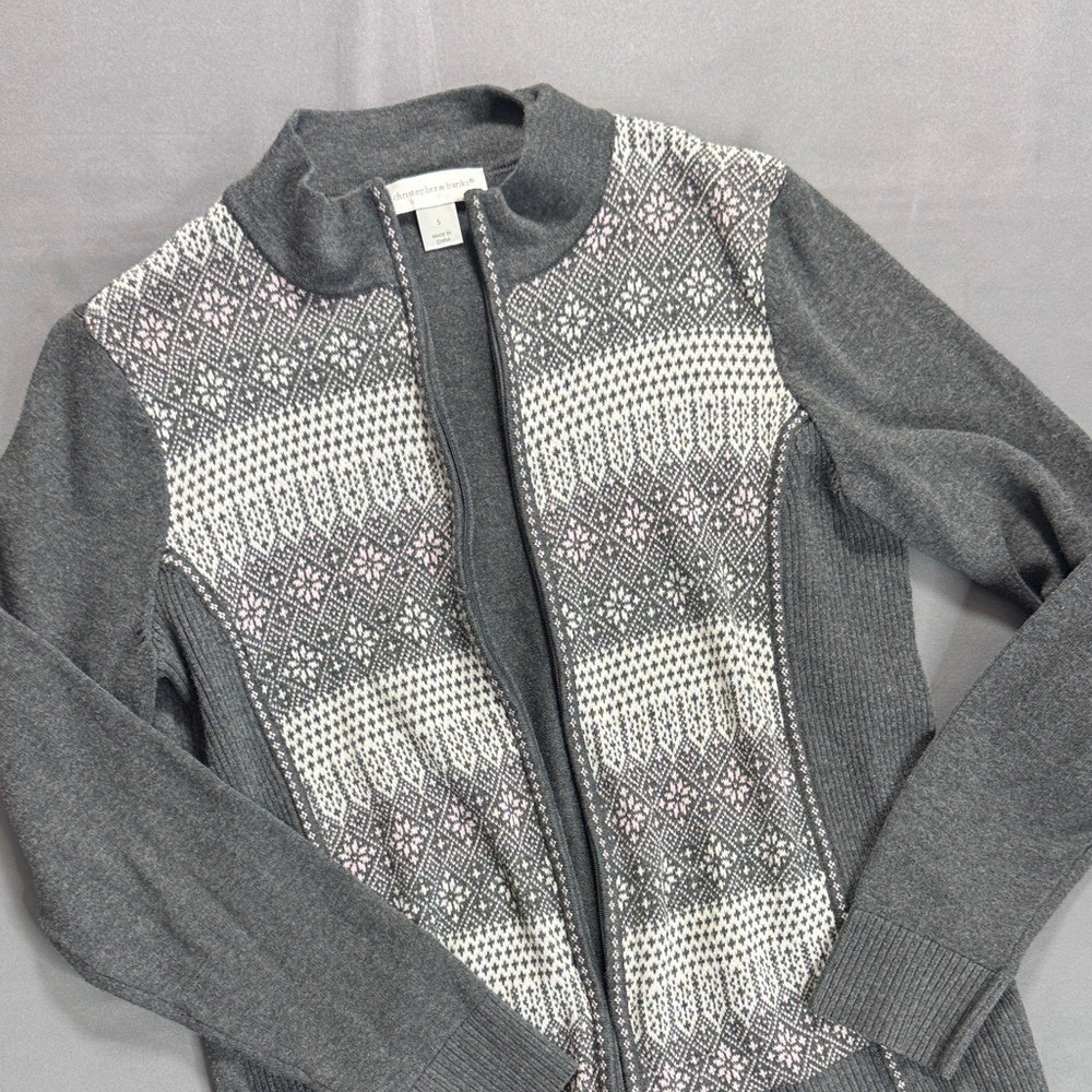 Christopher & Banks Womens Small Gray Fair Isle Full Zip Cotton Cardigan Sweater